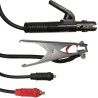Kabel uziemiający 1,5 m (16 mm2) z zaciskiem uziemiającym, uchwyt elektrody z kablem 1,5 m (16 mm2), złącze gniazdowe 9 mm. Nadaje się do spawarek o kodach artykułów 20005, 20007, 20056, 20055, 20057, 20046, 20047.