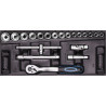 Zestaw kluczy nasadowych 3/8" w rozmiarach 8, 9, 10, 11, 12, 13, 14, 15, 16, 17, 18, 19, 21, 22, 24 mm oraz grzechotka 3/8" 72 zęby, przegub Cardana 3/8", przedłużka 3/8" (długość 7,62 cm), przedłużka 3/8" (długość 15,24 cm), przedłużka 3/8" w kształcie litery T, w plastikowej wkładce nasadek.
