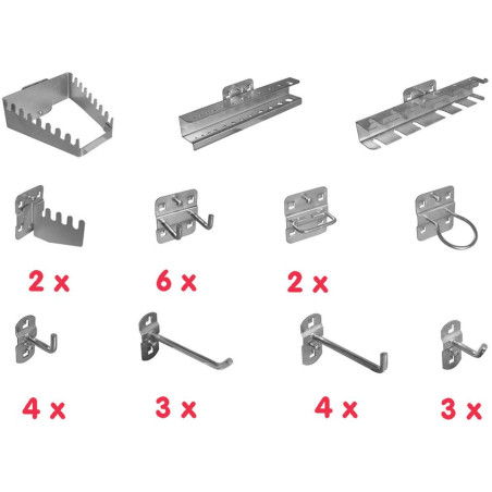 Perforowane uchwyty ścienne na narzędzia, zestaw 28 elementów