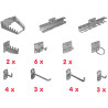 Uchwyty narzędziowe i haki w zestawie nadają się do mocowania w perforowanych ścianach i systemach z kwadratowymi otworami 10 x 10 mm, rozstaw otworów środkowych 38 mm w pionie i poziomie.