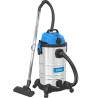 Odkurzacz z pojemnikiem ze stali nierdzewnej z odpływem brudnej wody, dodatkową zatyczką, wytrzymałą rurą teleskopową, płynną regulacją przepływu powietrza, zintegrowanym uchwytem na akcesoria, 4 kółkami obrotowymi.